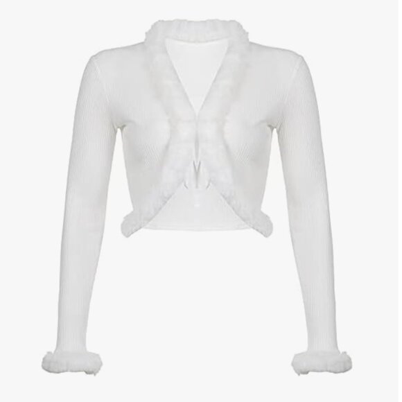 NUFIWI Faux Feather Top Fur Trim Shirt Cardigan Y2k Aesthetic LSV Crop Top - Picture 1 of 13